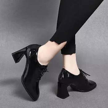 Women s shoes spring new high-heeled temperament single shoes black first-layer cowhide thick-heeled lace-up deep-mouth square-head single shoes 35