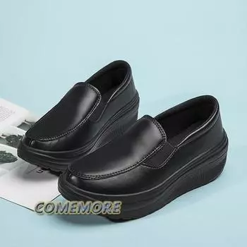 Женские туфли Весна PU кожа Мягкая подошва Рабочая обувь Женские черные мокасины Спорт для медсестры Женщина Платформа танкетка Плюс Размер 42 35 чёрный