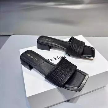 Women s Shoes Summer Style Ruffled Shiny Slippers Square Toe Metal Covered Open Toe Block Heeled Sandals Women 35 чёрный