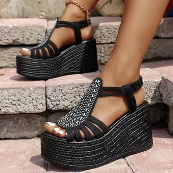 Women s Shoes Thick-soled Shoes Wedge Sandals 2024 Summer New Hot-selling Inner Heightening Thick-soled Roman Women s Shoes 35 чёрный