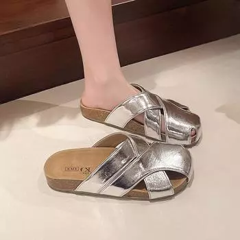 Women s Shoes with A Flat Toe Cover and New Cross-beach Flip-flops Are Worn Over Them 35 серебряный