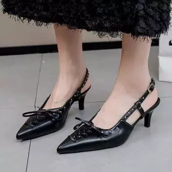 Women s shoes, women s high heels, 2024 summer casual dress, rivet tie up, needle buckle, pointed thin heels, women s sandals 35 чёрный