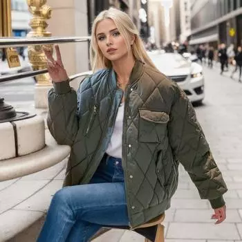 Женская короткая куртка зимняя маленькая пуховая куртка ромб бейсбольная куртка тонкая куртка S зелёный