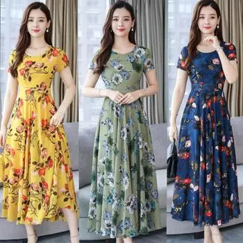 Женское платье с коротким рукавом и цветочным принтом, свободные простые макси-платья, повседневные, длинные, M-3XL M зелёный