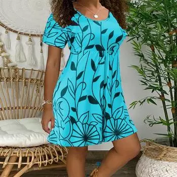 Женское платье свободного покроя с короткими рукавами и круглым вырезом с принтом листьев 2XL серый