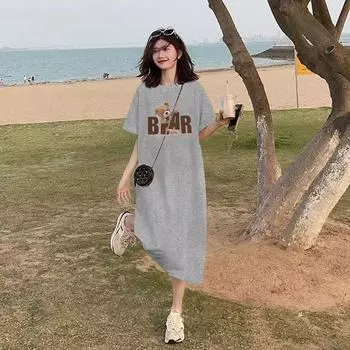 Women s Short-sleeved Dress Summer Loose Slit T-shirt Dress French Loose Dress M чёрный