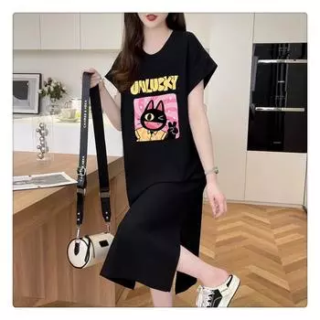 Women s Short-sleeved T-shirt Slit Dress Summer Mid-length Over-the-knee Dress Plus-size Age-reducing Clothes M чёрный