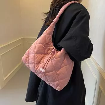 Women s shoulder bag with standard diamond stitching large capacity solid bag