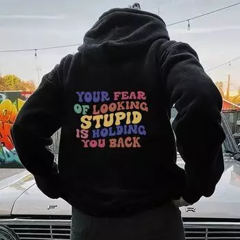 Women S Shoulder Sleeve Fleece Sweater Plain Letter Print Kangaroo Pocket Drawstring Print Hoodie Clothing XS красный