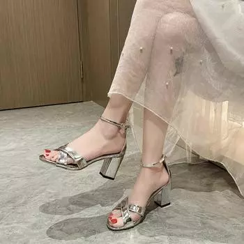 Женские босоножки из серебристой лакированной кожи на очень толстом каблуке с надписью «рыбий рот» большого размера, женские модные босоножки, женская обувь 35 серебряный