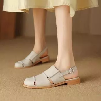 Women s Simple Bao Toe Sandals Autumn New Round Head Deep Hollow Breathable Soft Sole Non-slip Flat Shoes 35 грязно-белый