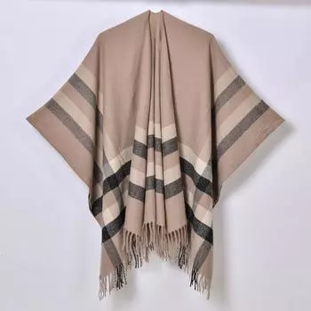 Women s Simple Fashion Striped Plaid Pashmina Shawl All Match Split Cardigan Autumn Winter Warm Office Cape