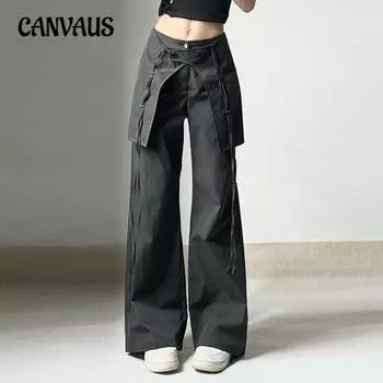 Женские простые широкие брюки, персонализированные свободные повседневные облегающие рабочие брюки на шнурке S чёрный