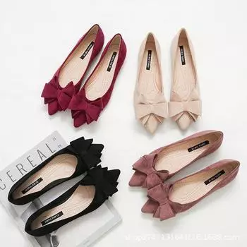 Women s single-shoe bow 2024 new Korean version pointed large-size women s shoes simple solid color low-heeled suede 34 фиолетовый