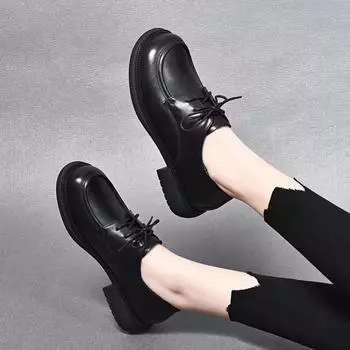 Women s single shoes flat-soled small leather shoes spring new round head first layer cowhide lace-up comfortable low-top shoes 35