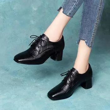 Women s single shoes high heels spring new first-layer plaid cowhide thick heel middle heel lace-up women s shoes deep mouth shoes 34