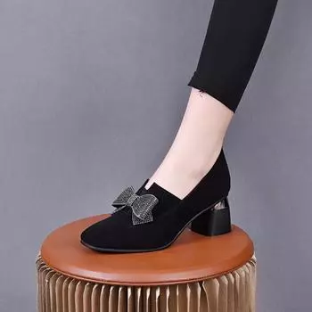 Women s single shoes spring new black bow high heels sheepskin low-top shoes women s shoes round head 34