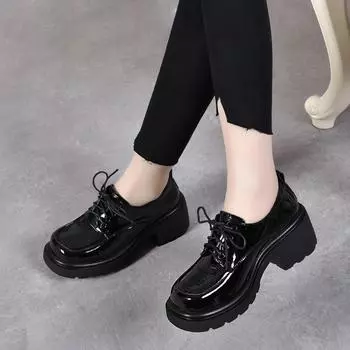 Women s single shoes spring new cow patent leather lace-up small leather shoes women s flat-bottomed round head women s shoes 35