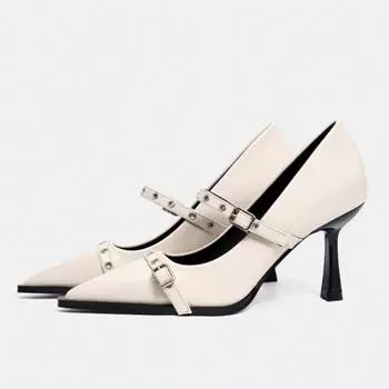 Женские одинарные туфли Весна Новые Острый носок Неглубокий носок Кожаные заклепки Металлическая пряжка Противоскользящие Износостойкие Высокие каблуки 35
