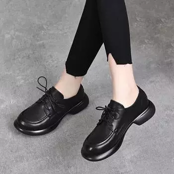 Women s single shoes spring new round head flat bottom lace-up first layer cowhide comfortable small leather shoes 35