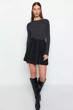Women s Skirt Fashion New Season Black Stone Accessories Mini Skater Knitted Skirt with Waist