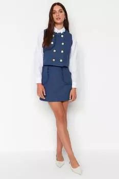 Women s Skirt Fashion New Season Indigo Tassel Detailed Tweed Fabric Mini Woven Skirt