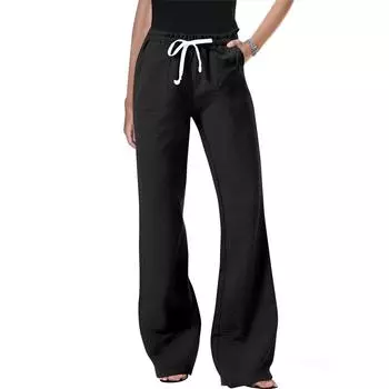 Women s Slant Pocket Elastic Waist Casual Cotton And Linen Trousers M чёрный