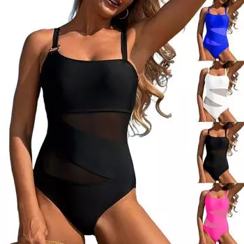 Women s Sleeveless Conservative One-piece Sexy Backless Mesh With Breast Cushion Swimsuit L чёрный