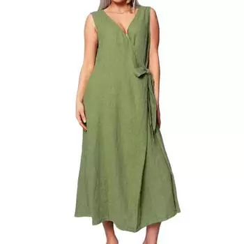 Women s Sleeveless Cotton Linen Midi Dress Loose V-Neck Tie Waist Wrap Dress Summer Casual Beach Sundress S