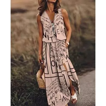 Women s Sleeveless Dress Long Dress Casual Women s Waist Zip Letter Print Dress 4XL
