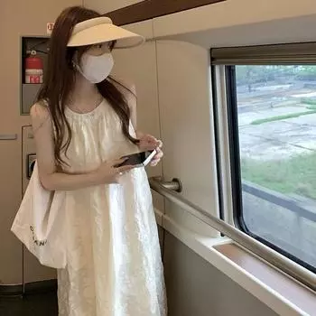 Women s Sleeveless Dress Summer Gentle Wind Slimming Age Long Lace Hook Flower Off-the-shoulder Dress S