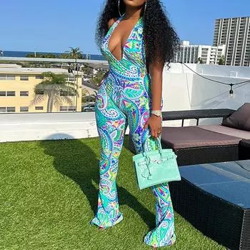 Женский длинный облегающий комбинезон без рукавов, летний женский сексуальный глубокий V-образный вырез, модный принт, открытая спина, облегающий боди, длинные брюки S зелёный