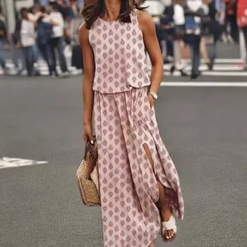 Women s Sleeveless Maxi Dress Casual Crew Neck Elastic Waist Split Long Dress with Pocket Summer Beach Vacation Sundress XXXL розовый