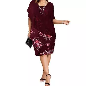 Women s sleeveless round neck chiffon fake two-piece printed slim knee-length dress 4XL чёрный