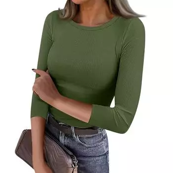 Women s Slim Bottom T-shirt Fashion Casual Solid Color Round Neck Pullover 3/4 Sleeve Top L