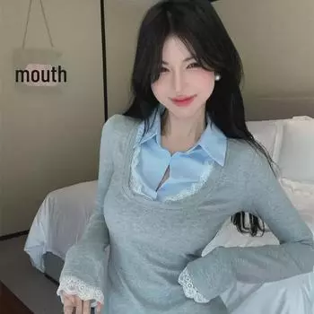 Women s Slim Fit Lace Lapel Sweater - Early Autumn Style Small серый