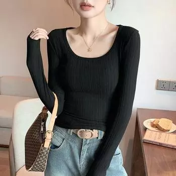 Women s Slim Fit Long Sleeve U-Neck Top - Spring Style Base Layer L for 100-115 Jin