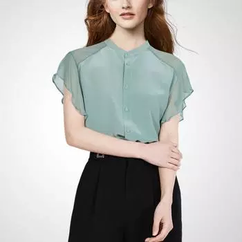 Women s Slim-Fit Mulberry Silk Ruffle Sleeve Shirt Turquoise XL