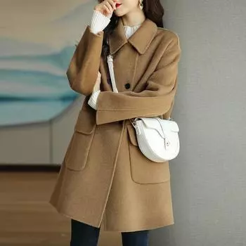 Women s Slim Fit Wool Coat - Coffee Color, Thickened Korean Style for Autumn/Winter 2025, Medium to Long Length XL верблюд