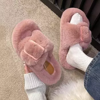 Women s Slippers 2024 New Casual Plush Fluffy Slippers Solid Color Indoor Belt Buckle Outdoor Warm Home Fashion Cotton Slippers 35 бежевый