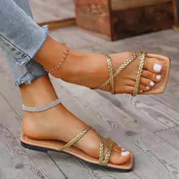 Women s Slippers 2024 New Summer Flats Sandals For Women Casual Beach Female Leather Flip-flops Sexy Denim slides women Slippers 35 золотой