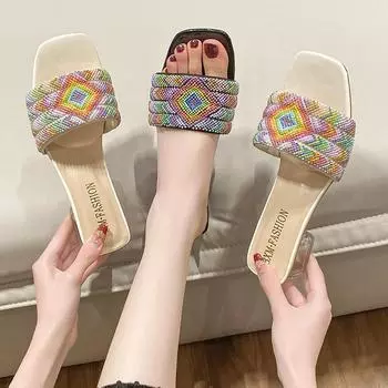 Women s Slippers 2024 Summer Fashion Transparent Belt Metal Decoration Box Shaped Square Alien Heel High Heels Wearing Sandals 35