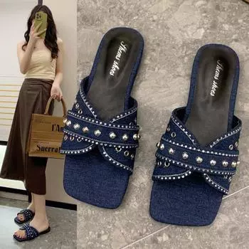 Women s Slippers 2024 Summer Flat Sandals Fashion Rhinestone Buckle Casual Women s Slippers Sandals 35 чёрный