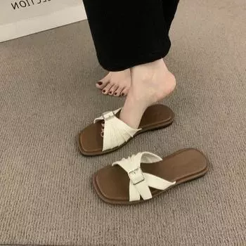 Women s slippers 2024 summer wear new retro French round head seaside beach shoes soft sole flat bottom cool slippers 35 чёрный