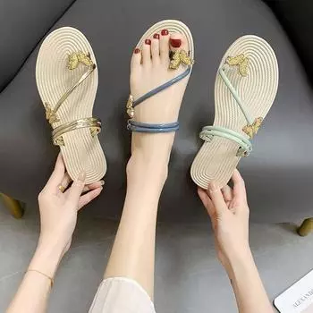 Женские тапочки и босоножки Золотые туфли на низком каблуке Лето 2024 Шлепанцы с открытым носком Внешние шлепанцы Тренд Новая мода I 35