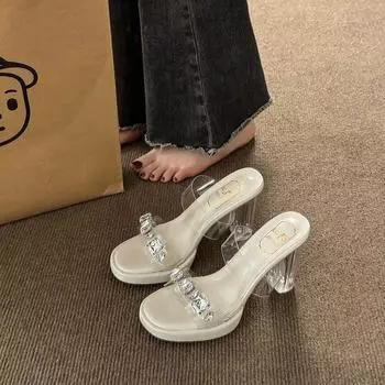 Women s Slippers and Ladies Sandals Heeled Summer 2024 Crystals Slides Clear Rhenstone Off White Shoes Jewels Transparent Luxury 34