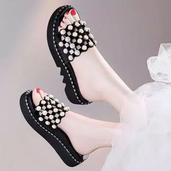 Women s Slippers and Ladies Sandals Jewels Black Height Shoes Rhenstone Crystals Slides Kawaii Cute Original Summer Footwear Eva 35