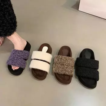 Women s slippers autumn 2024 new fashion one-word cotton mop retro thick bottom heightening outer wear Mao Mao mop 35 чёрный