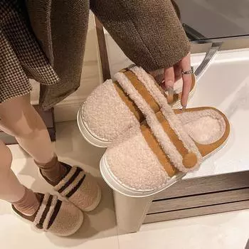 Women s Slippers Autumn and Winter Cotton Slippers Female Indoor Shoes Casual Thick Bottom Warm Home Fur Slippers Women Shoes 35 коричневый