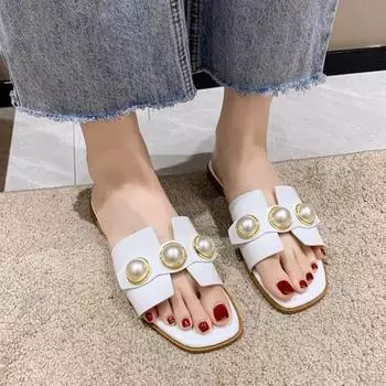 Women s Slippers Fashion Casual Pearl Solid Color Flats Simple Outdoor Comfort Soft Sole Beach Sandals Sandalias ladies 2024 36 белый